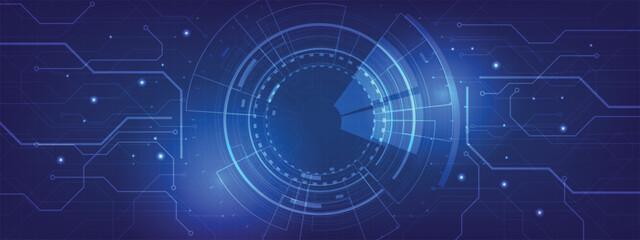 Abstract digital circuit board on a dark blue background.Connected circuit board lines with hi-tech electronics elements.Futuristic vector illustration.