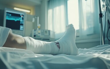A person's leg is wrapped in bandages and is laying on a hospital bed