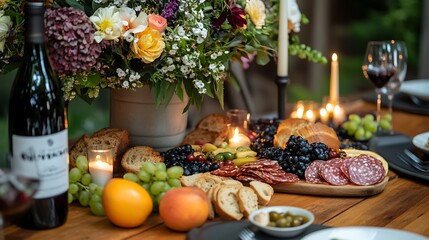 A close-up of a dining table with a spread of delicious foods, including a charcuterie board, bread, and fruit, with candles and flowers as decor