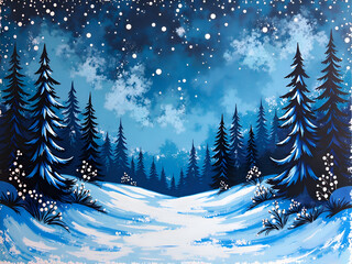 Fototapeta premium Serene winter landscape with snowy pines under a starry sky, digital painting of nature concept.