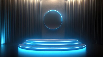 Obraz premium Illuminated Stage With Circular Neon Backdrop And Curtains