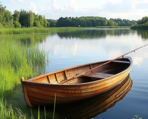 Obraz premium Trap fishing in a quiet inland lake, small wooden boat visible nearby, tranquil tones