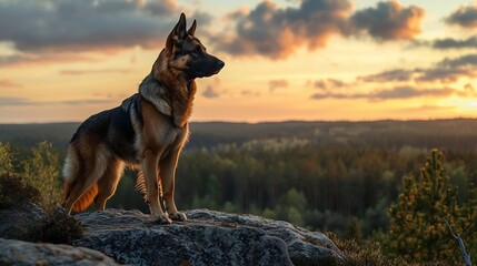 Majestic German Shepherd Standing Proudly on Rocky Hill Surveying the Tranquil Forest Landscape Stretching out Below