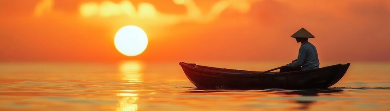 Traditional Vietnamese fisherman paddling a coracle boat, soft ripples on calm water, warm sunset
