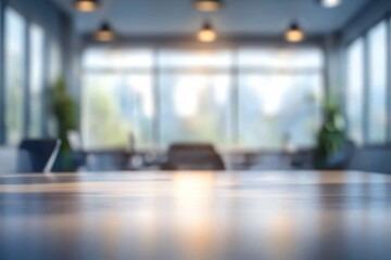 Fototapeta premium Modern Office Interior with Large Windows and Bright Lighting in Blurred Background