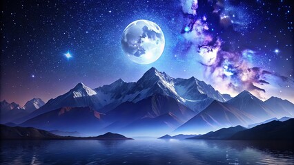 Fototapeta premium Serene Night Majestic Mountains, Full Moon, and Starry Sky Above Tranquil Waters