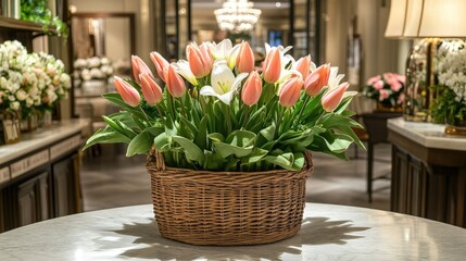 Fototapeta premium Beautiful Basket of Pink and White Tulips in Elegant Interior Space