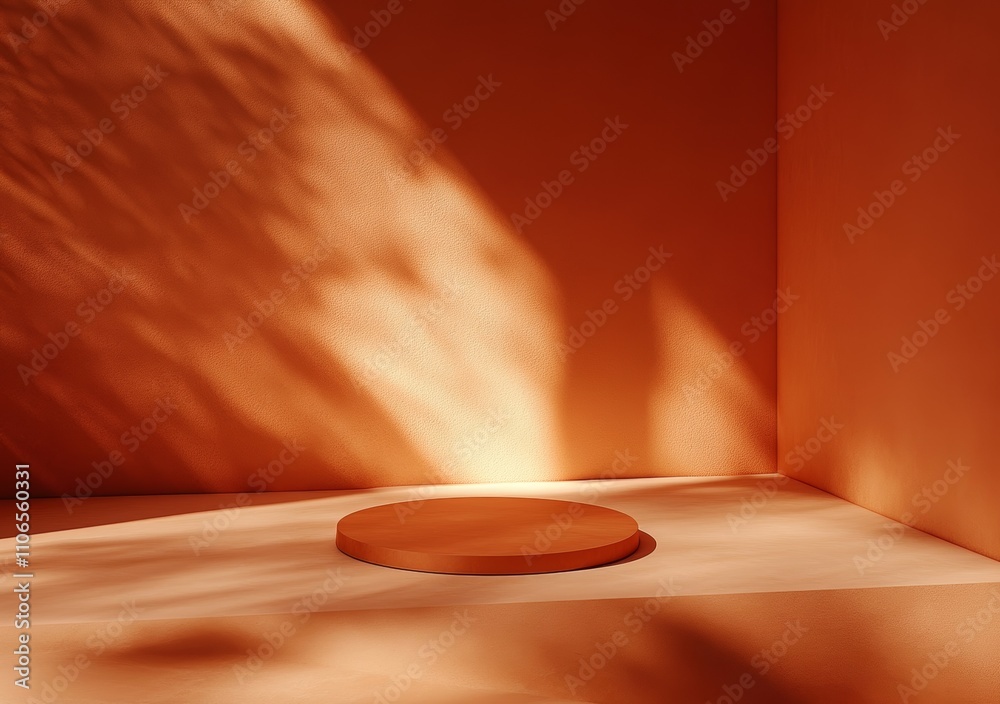 Poster Minimalist 3D Podium with Orange Background and Leaf Shadow for Autumn Display and Branding