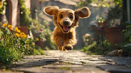 Playful Dachshund Dog Happily Running and Exploring Through Verdant Garden Its Long Body and Floppy Ears Full of Vibrant Motion