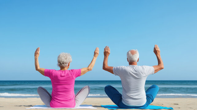 Elderly couple practicing yoga on beachfront, enjoying serene ocean view. Their peaceful expressions reflect commitment to health and wellness