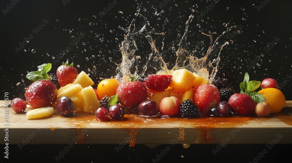 Poster a vibrant assortment of fresh fruits is being prepared, creating a splash of juice as they hit a woo