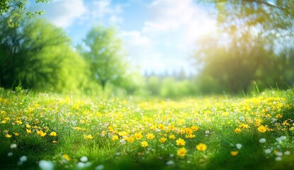 Fototapeta premium Lush Green Meadow with Yellow and White Flowers Under Bright Blue Sky and Soft Sunlight in Dreamy Natural Landscape