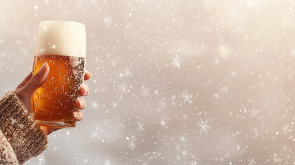 A hand holding a glass of beer outside on a winter day with snow falling. Beer advertisement banner with copy space. Cold pint beer with foam on snow background.