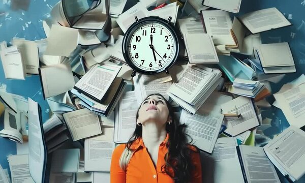 Young woman overwhelmed by books and clock.
