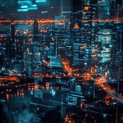 Fototapeta premium Digital interface displays data visualizations over a city skyline at night