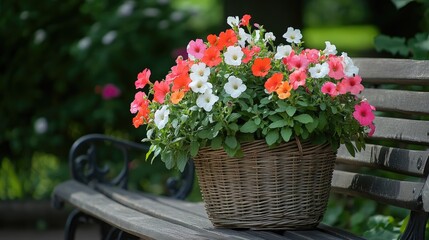 Vibrant Flower Basket on Park Bench Surrounded by Nature