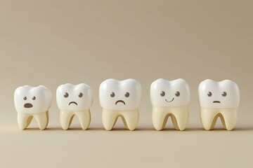 Fototapeta premium Stages of tooth eruption displayed through expressive cartoon teeth illustrating various emotions and development phases