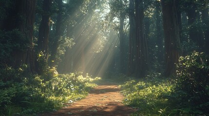 Obraz premium Serene and Tranquil Forest Trail Winding Through a Lush Verdant Landscape with Sunlight Filtering Through the Canopy above Creating a Peaceful and Inviting Atmosphere