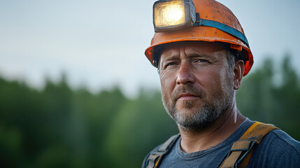 Fototapeta premium miner wearing helmet with lamp stands confidently in forested area