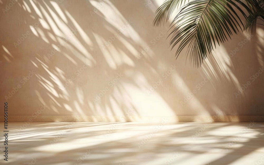 Poster beige background with light and shadow from palm leaves for minimalist product presentation