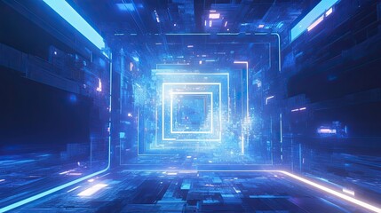 Futuristic digital corridor glowing with blue neon lights