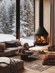 Cozy Cabin Living Room Winter Fireplace Scene