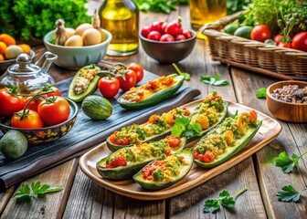 Baked Stuffed Zucchini Boats on a Rustic Dining Table Surrounded by Fresh Ingredients and Herbs, Perfect for a Healthy Meal or Dinner Party Setting