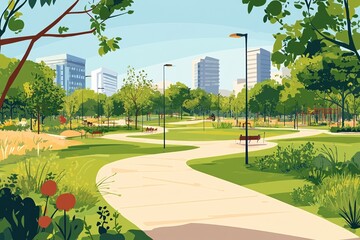 Naklejka premium Revitalized city park showcasing winding paths, greenery, and modern skyline in the background