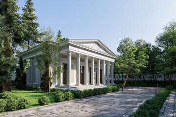 Fototapeta premium Trees and Neoclassical Structures with green field, Generative AI.