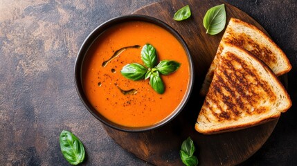 A bowl of creamy tomato basil soup served with grilled cheese sandwiches, Soup in bowl, Warm overhead lighting enhancing the homely feel