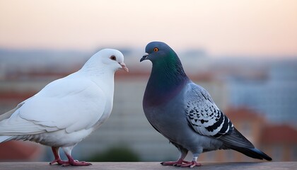Obraz premium Two pigeons perch in city view, nature-inspired backdrop
