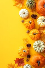 Autumn Pumpkins and Gourds on Bright Yellow Background with Pinecones and Acorns