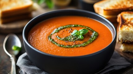 A bowl of creamy tomato soup garnished with a swirl of basil pesto and served with grilled cheese sandwiches, Tomato soup bowl centered, Soft ambient lighting creating a cozy atmosphere