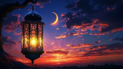 Fototapeta premium Moroccan lantern with candlelight against twilight sky and crescent moon glowing over desert evening