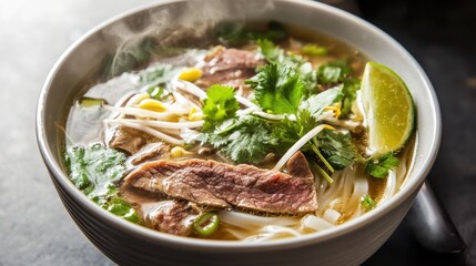 A bowl of fragrant pho filled with rice noodles, thinly sliced beef, and fresh herbs