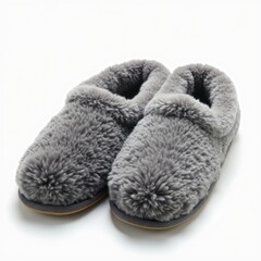 Cute grey furry indoor slippers isolated on a white background