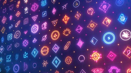 Neon Grid Displaying Colorful Symbolic Icons