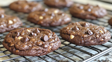 Cookies brown chocolate candy chips on a cooling rack