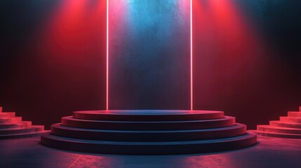 Obraz premium Neon-Lit Circular Platform with Stairs in a Dark Room