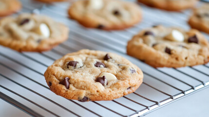 Cookies white chocolate candy chips on a cooling rack