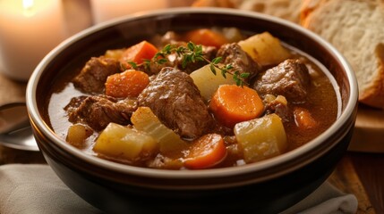 A bowl of hearty beef stew filled with tender chunks of meat and root vegetables, Stew in bowl, Soft candlelight creating a cozy ambiance