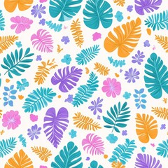Tropical Leaves Seamless Pattern Colorful Digital Art Vector Illustration