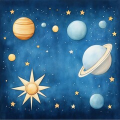 Watercolor Illustration of Planets and Stars in Space