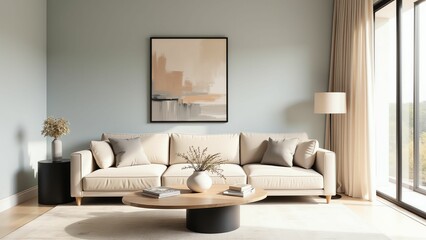 Elegant Living Room Design Combining Soft Tones, Artistic Touches, and Cozy Textures for Comfort