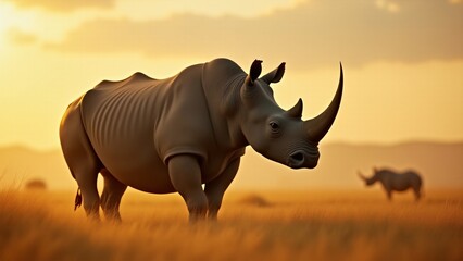Fototapeta premium A powerful image of a rhinoceros in the wild savanna, with its massive form standing tall against the vast, golden landscape, highlighting its majestic presence.