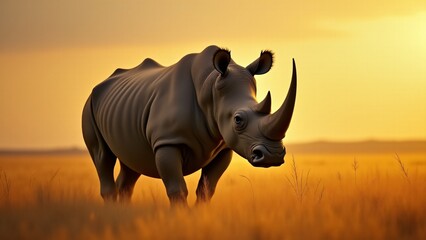 Obraz premium A powerful image of a rhinoceros in the wild savanna, with its massive form standing tall against the vast, golden landscape, highlighting its majestic presence.