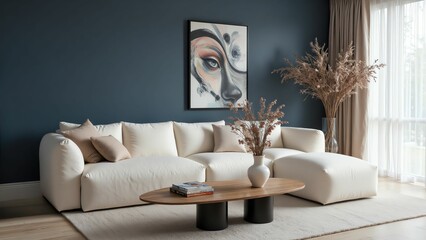 Elegant Living Room Design Combining Soft Tones, Artistic Touches, and Cozy Textures for Comfort