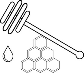 Honeycomb, honey spoon and drop of honey. Outline black and white vector drawing. EPS10 isolated on transparent background.