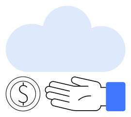 Hand reaching out to receive a coin, set against a blue cloud, illustrating finance, technology, and services. Ideal for fintech, banking, online transactions, cloud computing economy virtual