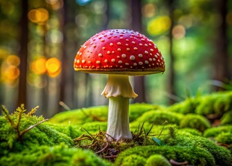 Beautiful Closeup of Fly Agaric Mushroom Growing Among Green Moss in a Forest, Featuring Blurred Background and Rule of Thirds Composition for Nature Photography